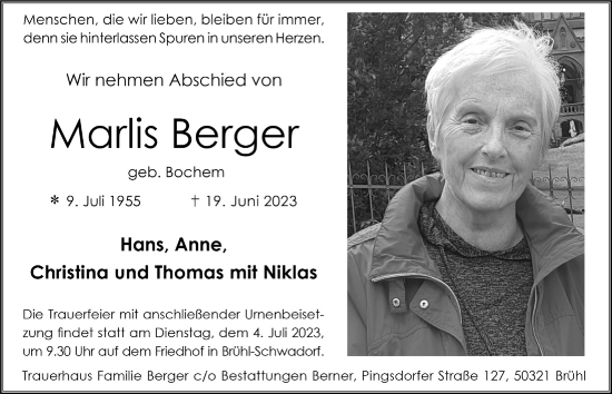 Anzeige von Marlis Berger von  Schlossbote/Werbekurier 