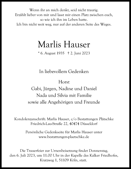 Anzeige von Marlis Hauser von Kölner Stadt-Anzeiger / Kölnische Rundschau / Express