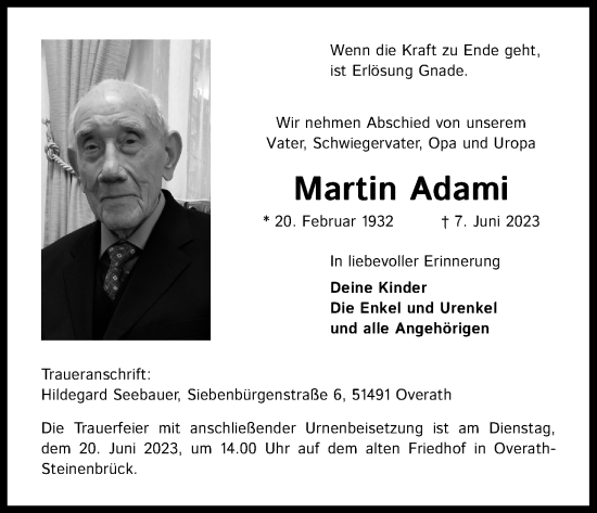 Anzeige von Martin Adami von Kölner Stadt-Anzeiger / Kölnische Rundschau / Express