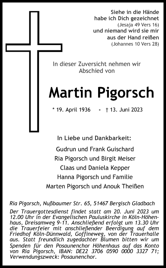Anzeige von Martin Pigorsch von Kölner Stadt-Anzeiger / Kölnische Rundschau / Express
