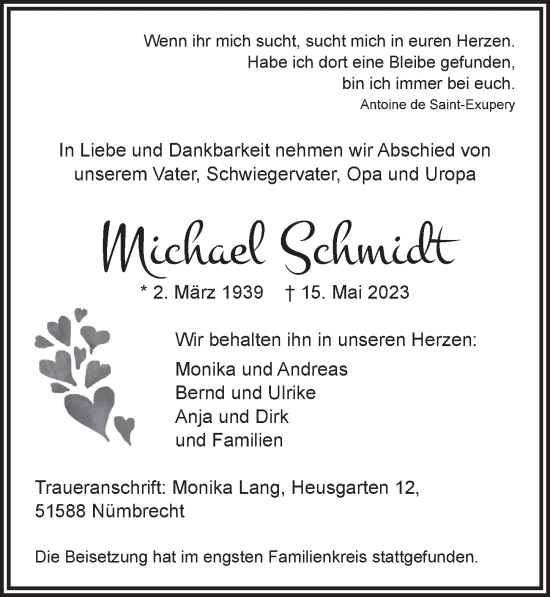Anzeige von Michael Schmidt von  Anzeigen Echo 