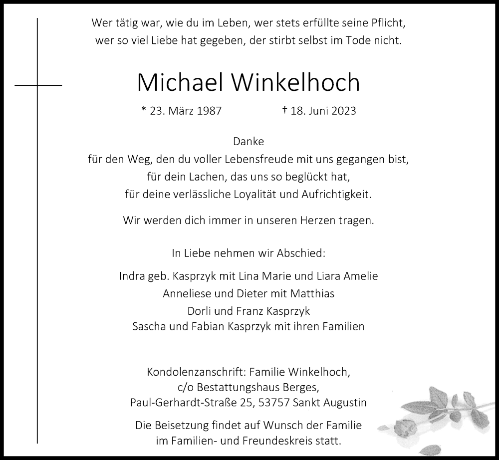  Traueranzeige für Michael Winkelhoch vom 24.06.2023 aus Kölner Stadt-Anzeiger / Kölnische Rundschau / Express