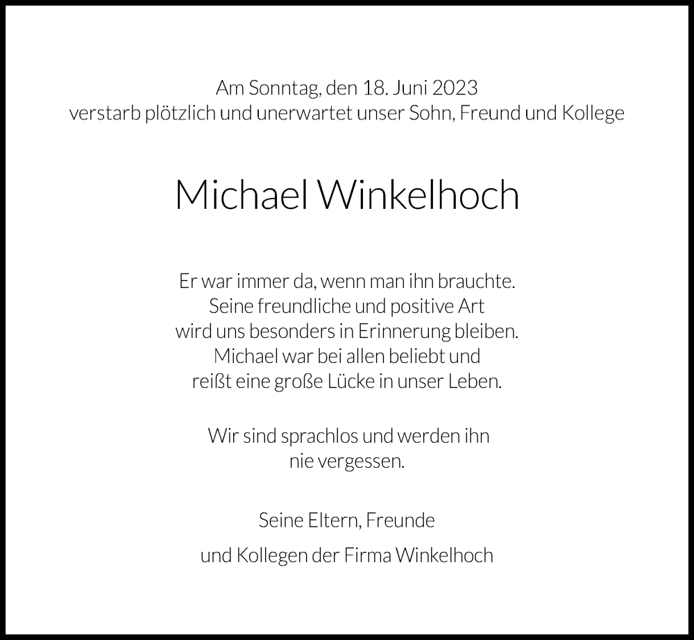  Traueranzeige für Michael Winkelhoch vom 24.06.2023 aus Kölner Stadt-Anzeiger / Kölnische Rundschau / Express