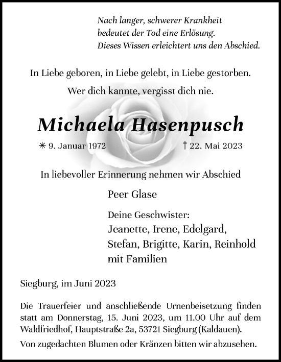 Anzeige von Michaela Hasenpusch von Kölner Stadt-Anzeiger / Kölnische Rundschau / Express