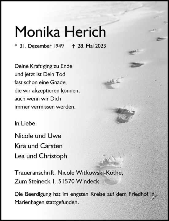 Anzeige von Monika Herich von  Anzeigen Echo 