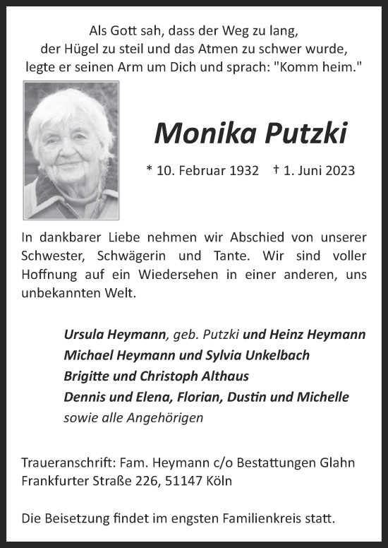 Anzeige von Monika Putzki von  EXPRESS - Die Woche 