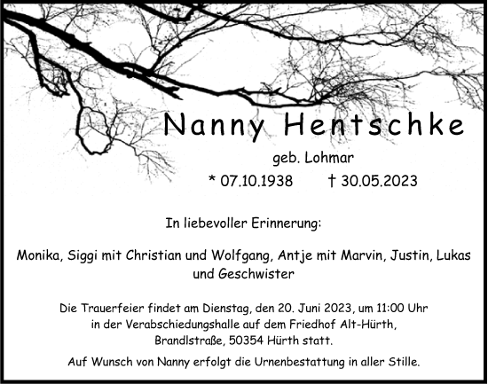 Anzeige von Nanny Hentschke von  Wochenende 