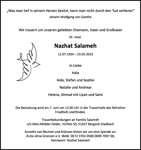 Anzeige von Nazhat Salameh von Kölner Stadt-Anzeiger / Kölnische Rundschau / Express