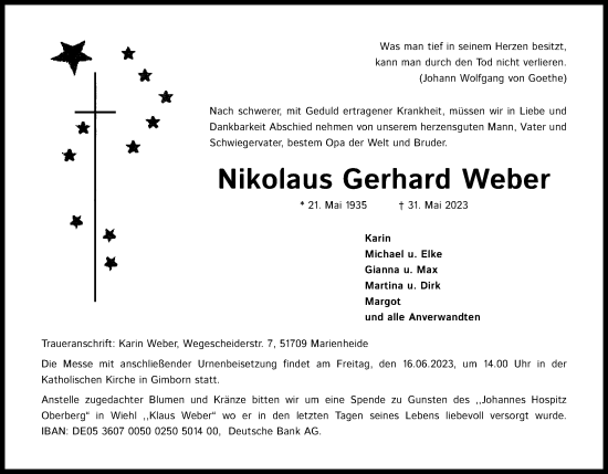 Anzeige von Nikolaus Gerhard Weber von Kölner Stadt-Anzeiger / Kölnische Rundschau / Express