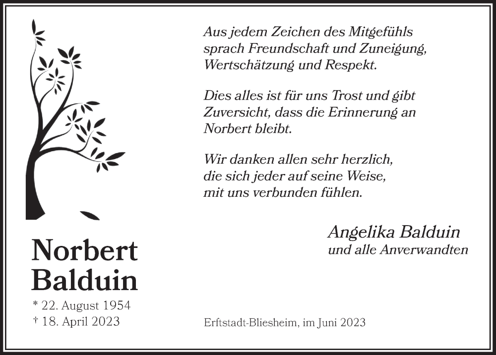  Traueranzeige für Norbert Balduin vom 18.07.2023 aus  Werbepost 