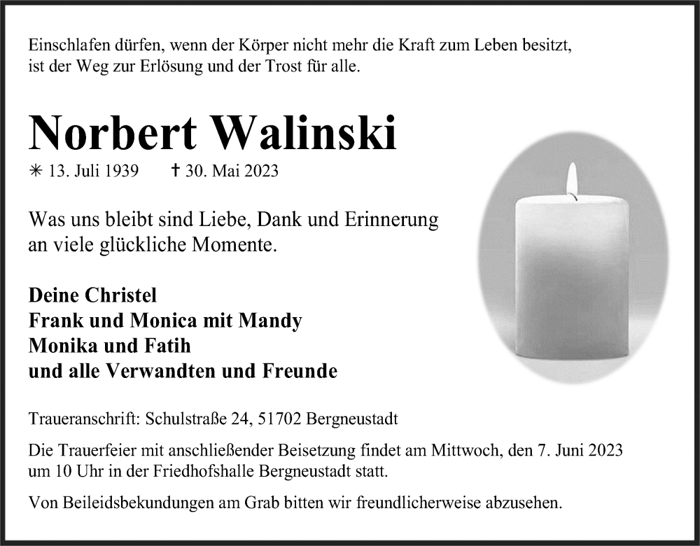  Traueranzeige für Norbert Walinski vom 03.06.2023 aus Kölner Stadt-Anzeiger / Kölnische Rundschau / Express