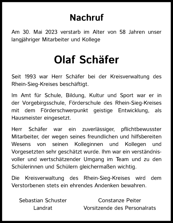 Anzeige von Olaf Schäfer von Kölner Stadt-Anzeiger / Kölnische Rundschau / Express