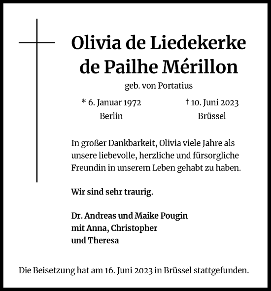 Anzeige von Olivia de Liedekerke de Pailhe Mérillon von Kölner Stadt-Anzeiger / Kölnische Rundschau / Express