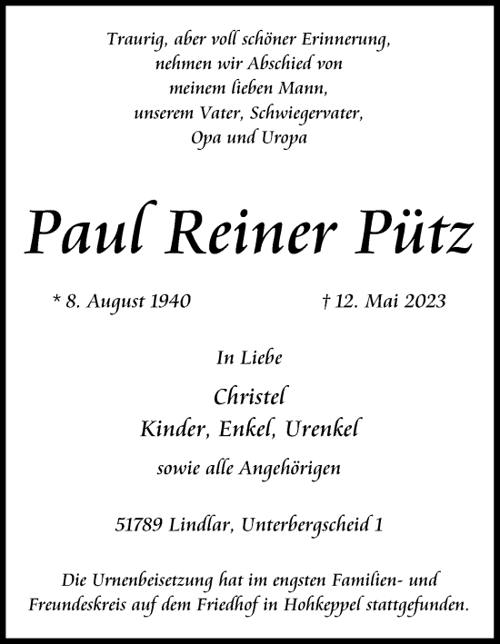 Anzeige von Pauf Reiner Pütz von Kölner Stadt-Anzeiger / Kölnische Rundschau / Express