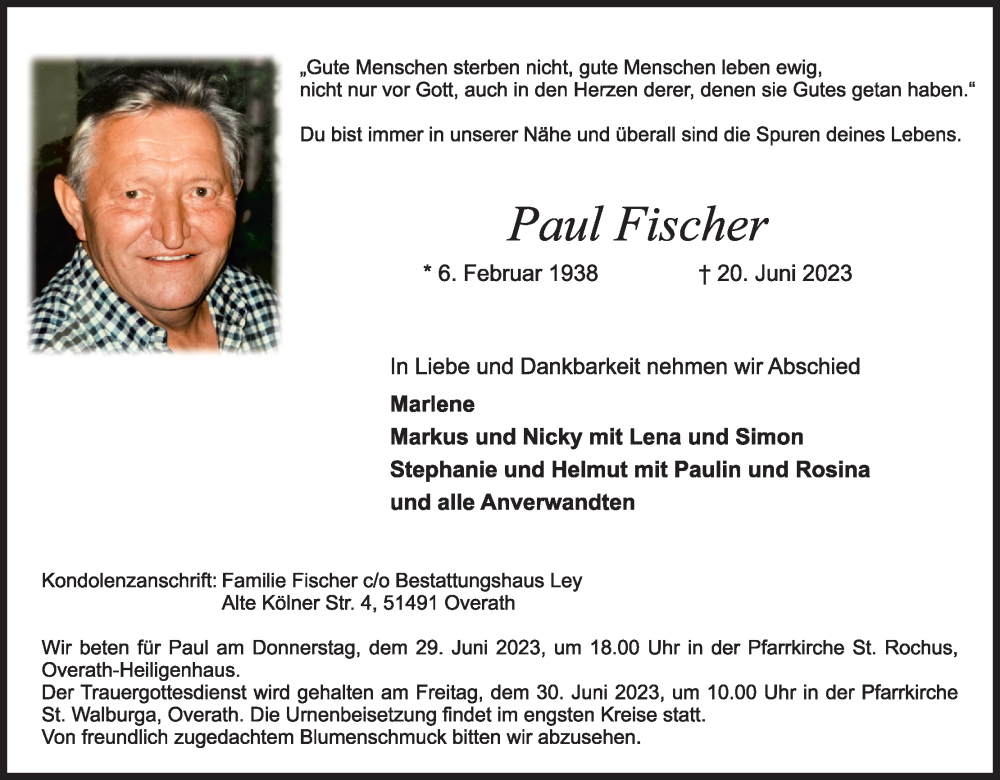 Traueranzeige für Paul Fischer vom 24.06.2023 aus Kölner Stadt-Anzeiger / Kölnische Rundschau / Express
