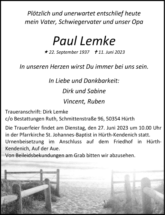 Anzeige von Paul Lemke von  Wochenende 