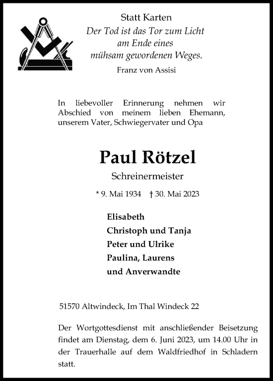 Anzeige von Paul Rötzel von Kölner Stadt-Anzeiger / Kölnische Rundschau / Express
