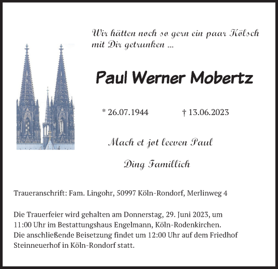 Anzeige von Paul Werner Mobertz von Kölner Stadt-Anzeiger / Kölnische Rundschau / Express