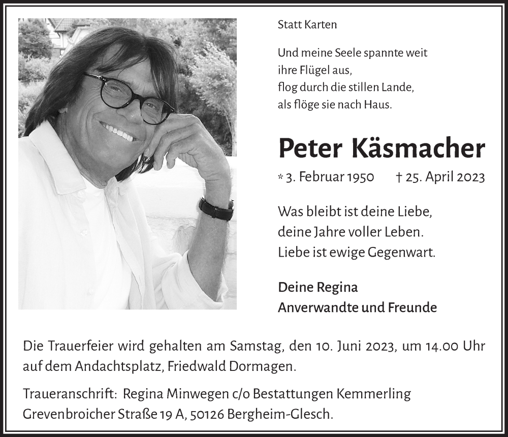  Traueranzeige für Peter Käsmacher vom 02.06.2023 aus  Werbepost 