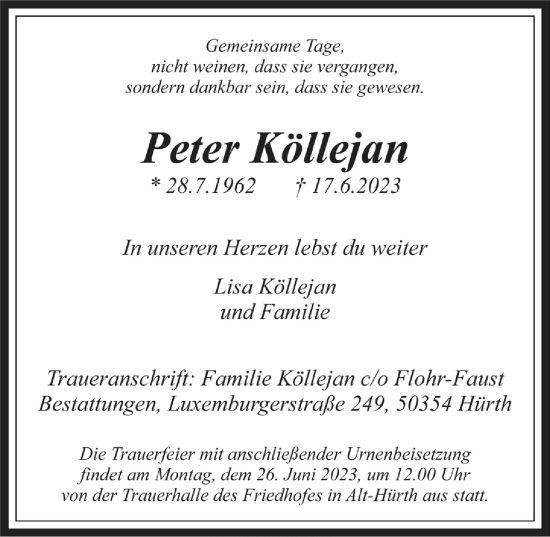 Anzeige von Peter Köllejan von  Wochenende 