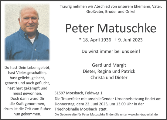 Anzeige von Peter Matuschke von  Lokalanzeiger 