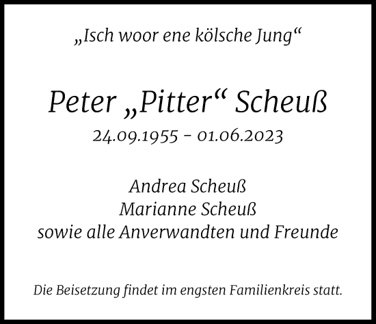 Anzeige von Peter Scheuß von Kölner Stadt-Anzeiger / Kölnische Rundschau / Express