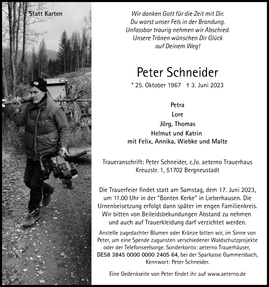 Anzeige von Peter Schneider von Kölner Stadt-Anzeiger / Kölnische Rundschau / Express