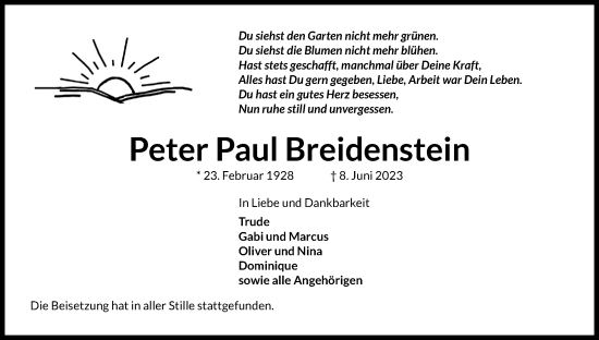 Anzeige von Peter Paul Breidenstein von Kölner Stadt-Anzeiger / Kölnische Rundschau / Express