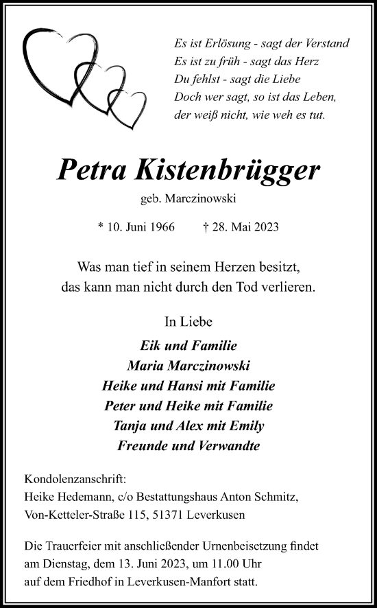 Anzeige von Petra Kistenbrügger von Kölner Stadt-Anzeiger / Kölnische Rundschau / Express