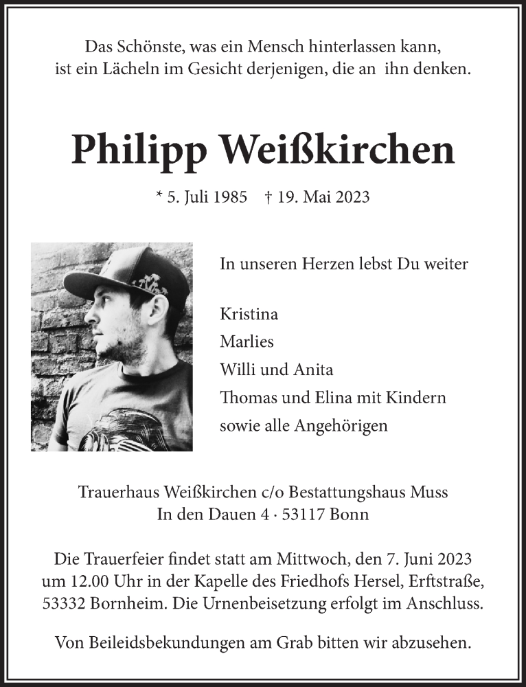  Traueranzeige für Philipp Weißkirchen vom 02.06.2023 aus  Schaufenster/Blickpunkt 