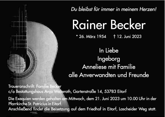 Anzeige von Rainer Becker von Kölner Stadt-Anzeiger / Kölnische Rundschau / Express