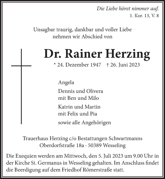 Anzeige von Rainer Herzing von  Schlossbote/Werbekurier 