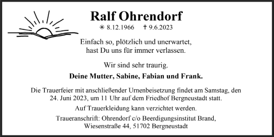 Anzeige von Ralf Ohrendorf von  Anzeigen Echo 