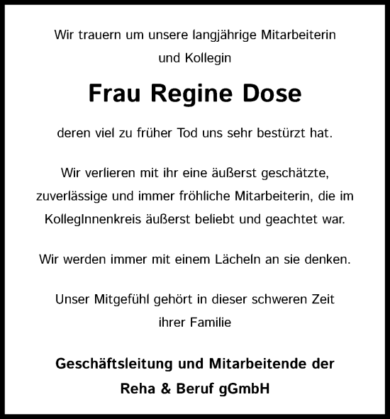 Anzeige von Regine Dose von Kölner Stadt-Anzeiger / Kölnische Rundschau / Express