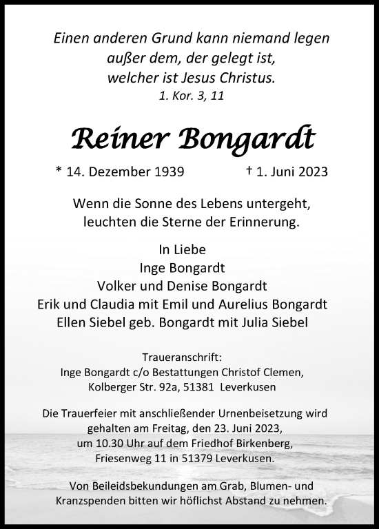 Anzeige von Reiner Bongardt von Kölner Stadt-Anzeiger / Kölnische Rundschau / Express