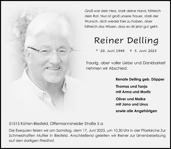Anzeige von Reiner Delling von Kölner Stadt-Anzeiger / Kölnische Rundschau / Express