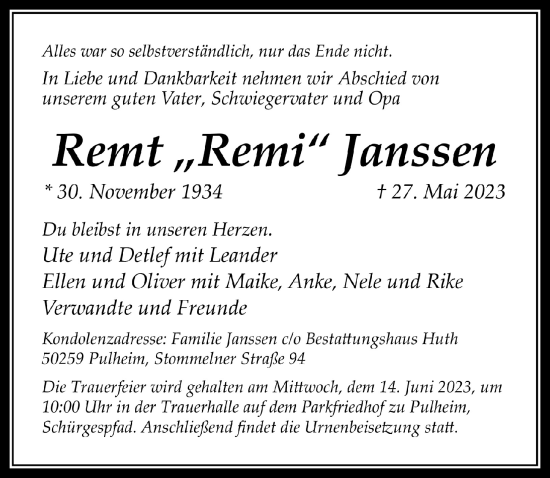 Anzeige von Remt Janssen von  Wochenende 