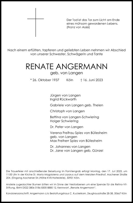 Anzeige von Renate Angermann von Kölner Stadt-Anzeiger / Kölnische Rundschau / Express