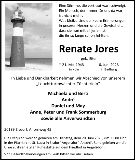 Anzeige von Renate Jores von Kölner Stadt-Anzeiger / Kölnische Rundschau / Express