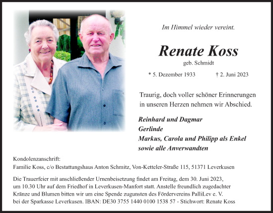 Anzeige von Renate Koss von Kölner Stadt-Anzeiger / Kölnische Rundschau / Express