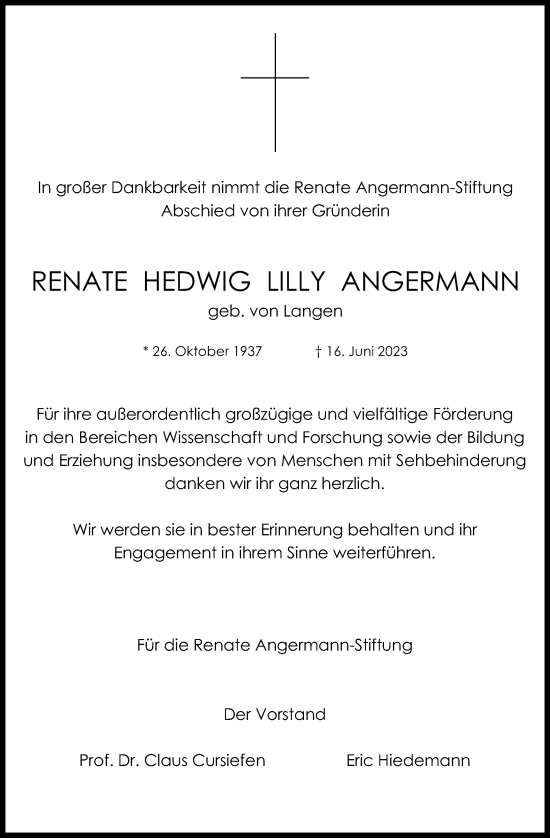 Anzeige von Renate Hedwig Lilly Angermann von Kölner Stadt-Anzeiger / Kölnische Rundschau / Express