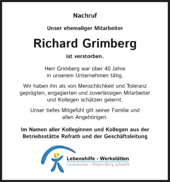 Anzeige von Richard Grimberg von Kölner Stadt-Anzeiger / Kölnische Rundschau / Express