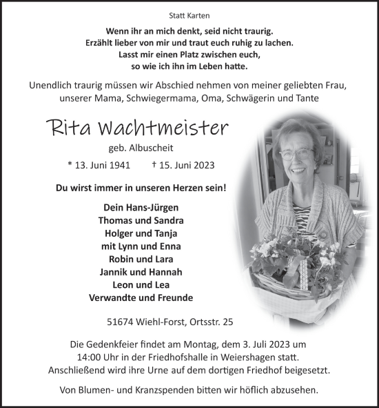 Anzeige von Rita Wachtmeister von  Anzeigen Echo 