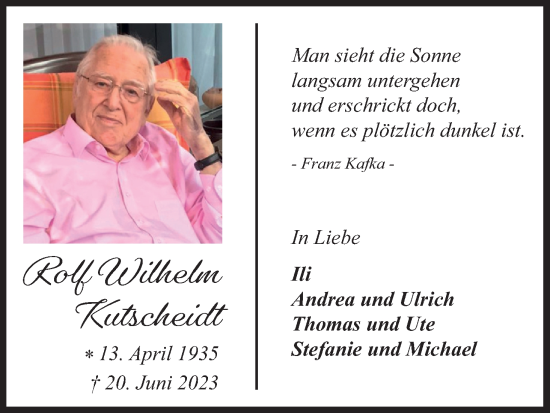 Anzeige von Rolf Wilhelm Kutscheidt von Kölner Stadt-Anzeiger / Kölnische Rundschau / Express