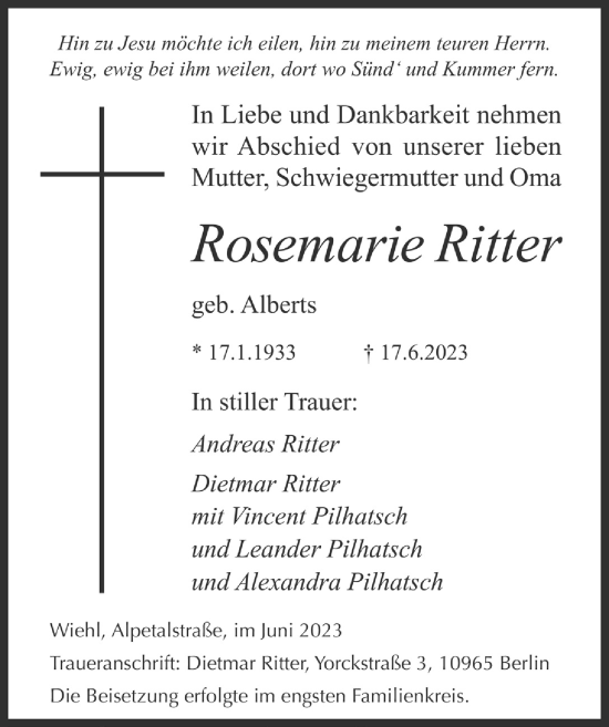 Anzeige von Rosemarie Ritter von  Anzeigen Echo 