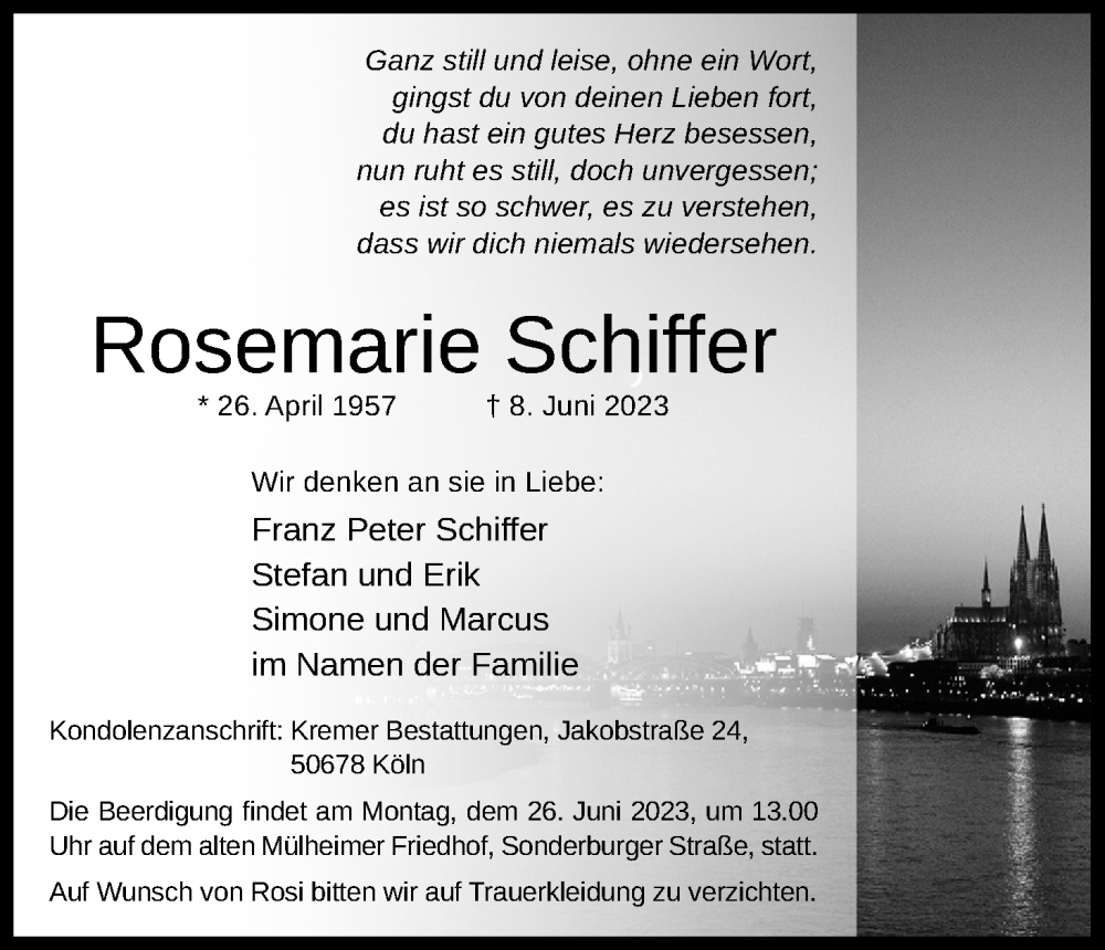  Traueranzeige für Rosemarie Schiffer vom 24.06.2023 aus Kölner Stadt-Anzeiger / Kölnische Rundschau / Express