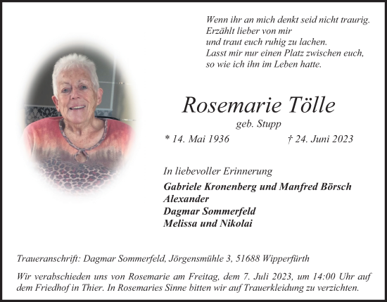 Anzeige von Rosemarie Tölle von Kölner Stadt-Anzeiger / Kölnische Rundschau / Express
