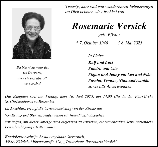 Anzeige von Rosemarie Versick von  Blickpunkt Euskirchen 