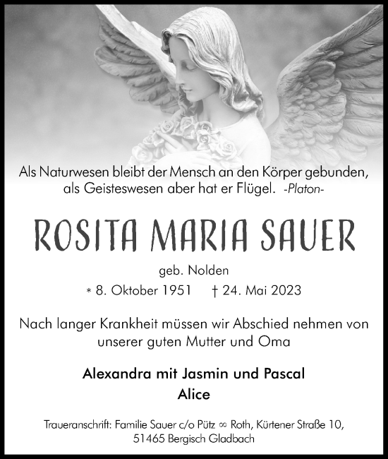 Anzeige von Rosita Maria Sauer von Kölner Stadt-Anzeiger / Kölnische Rundschau / Express