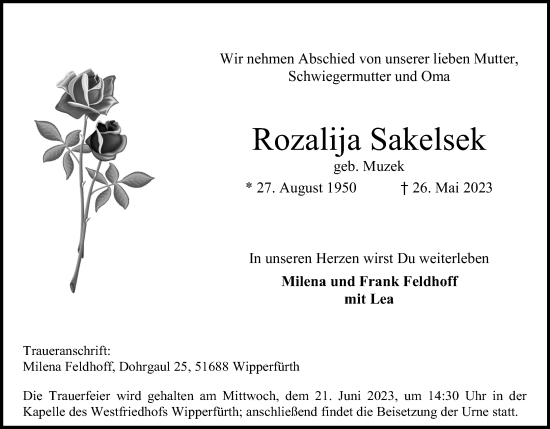 Anzeige von Rozalija Sakelsek von Kölner Stadt-Anzeiger / Kölnische Rundschau / Express